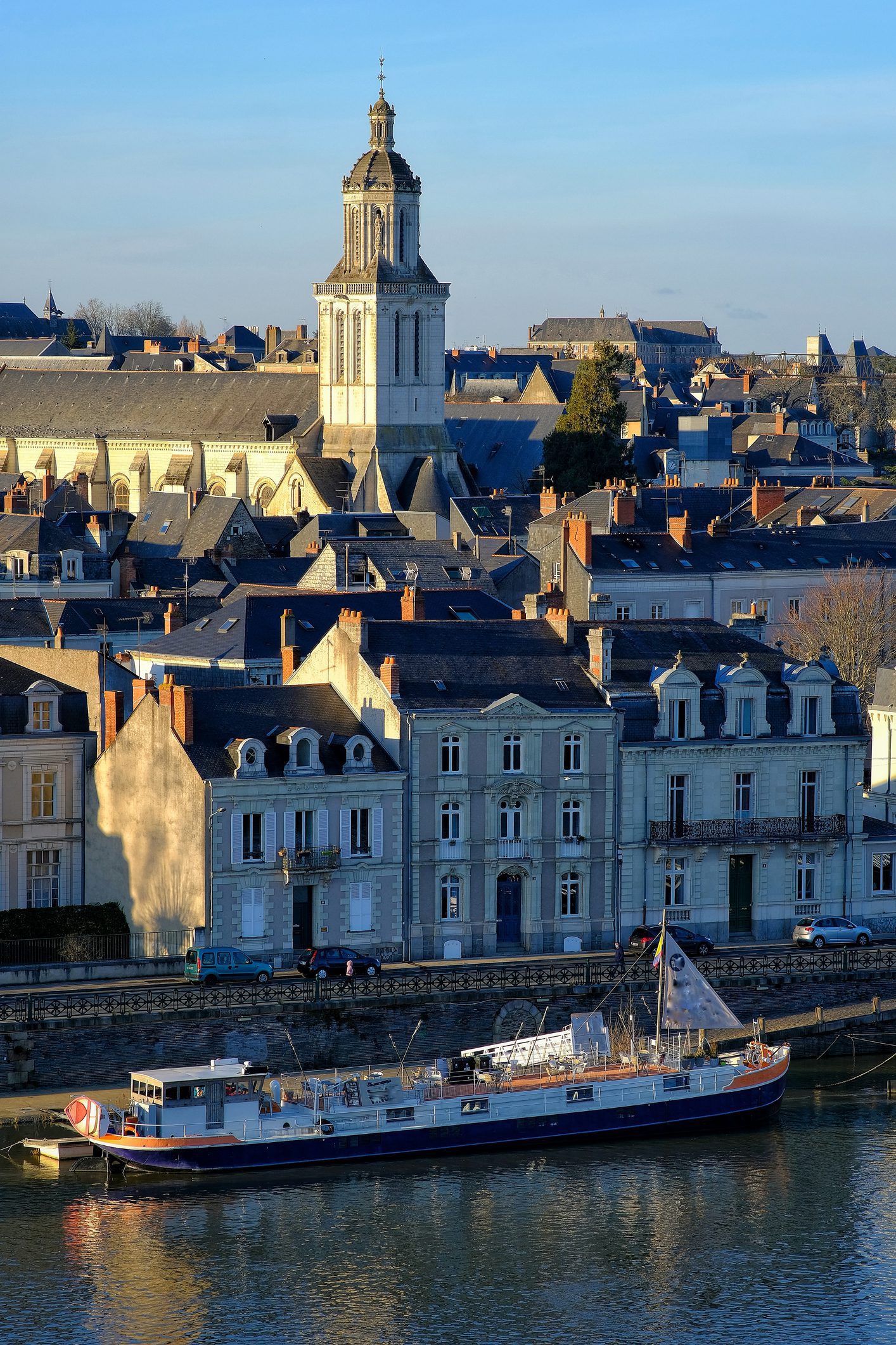 Aerial view of Angers France, a cathedral and a boat